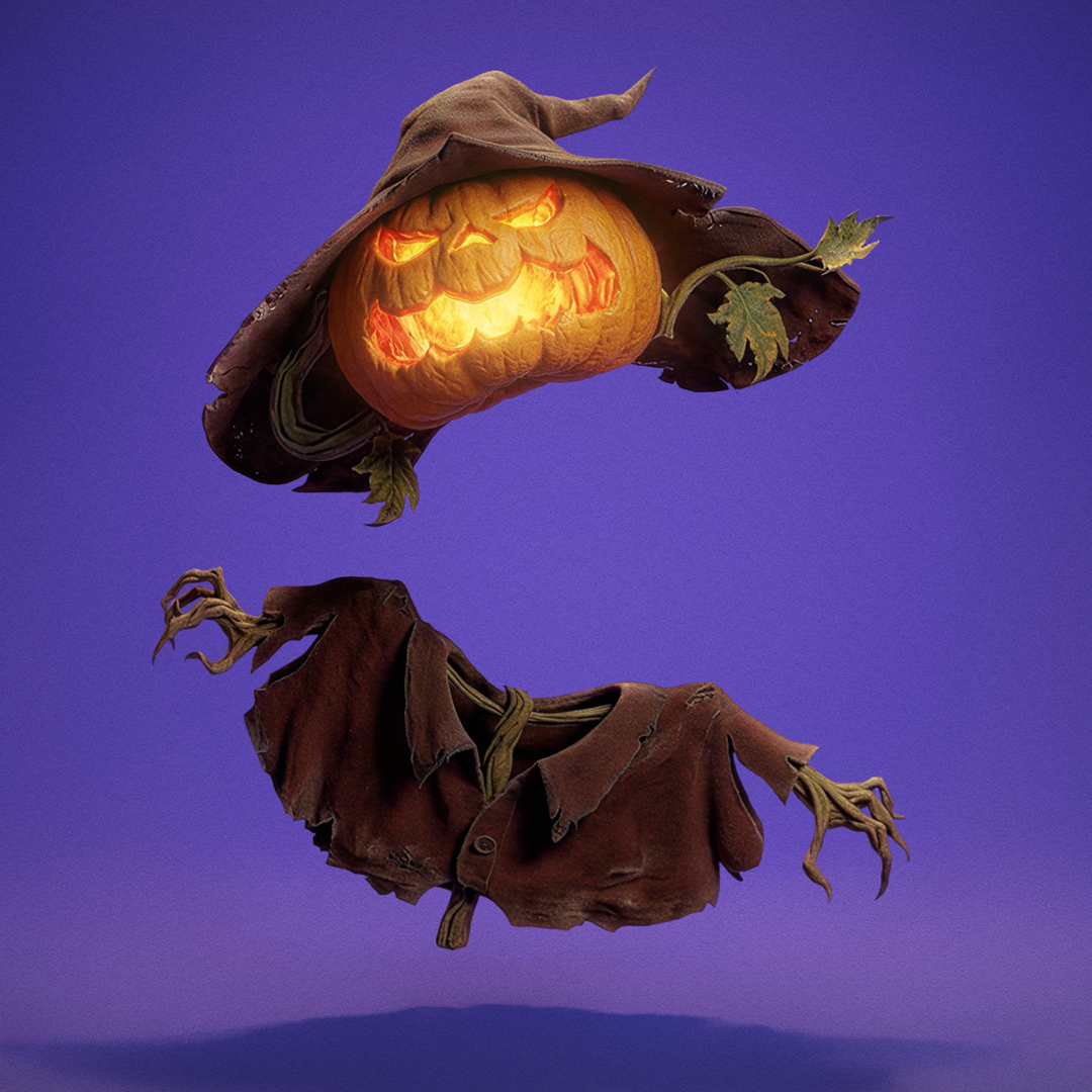 Calabaza de Halloween con sombrero y traje sobre un fondo violeta.