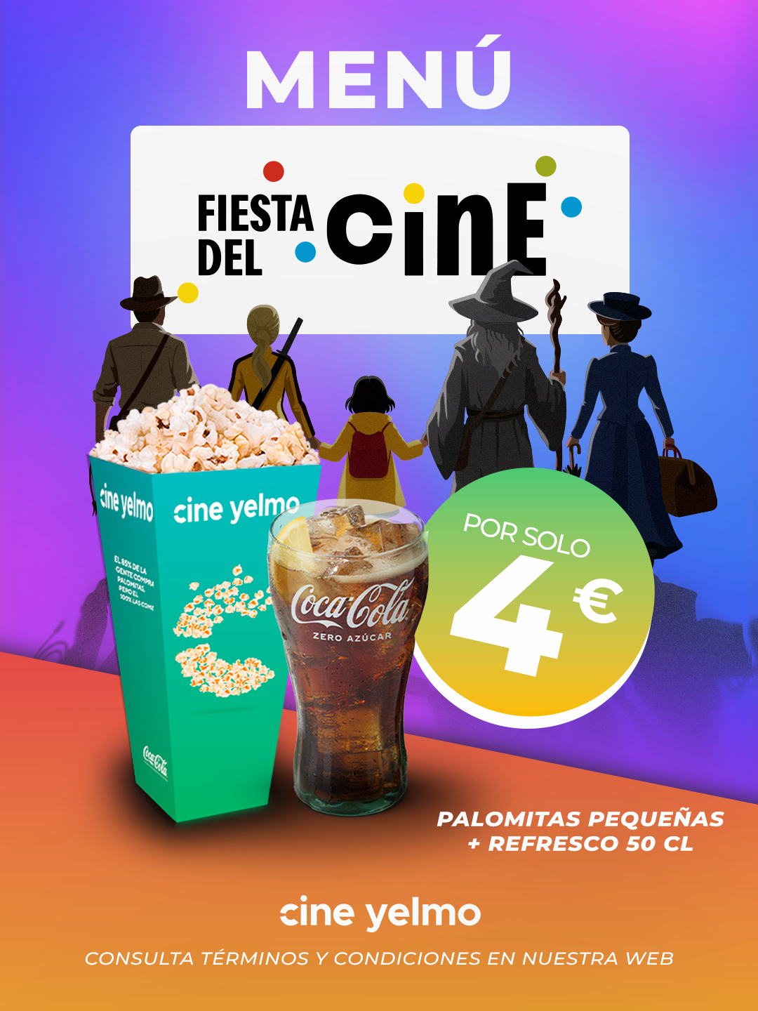 Menú Fiesta del Cine: palomitas pequeñas y refresco de 50 cl por 4 €.
